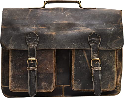 MaheTri Distressed Hunter Buffalo Leather Laptop Messenger Bag Office Briefcase Crossbody Travel Bag Office Bag (18-Inch)
