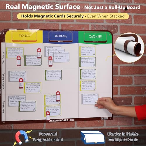 PMXBOARD 3-Column Magnetic Kanban Board Kit – Board + 47 Magnetic Cards | Flex Dry Erase Scrum & Project Planning Whiteboard