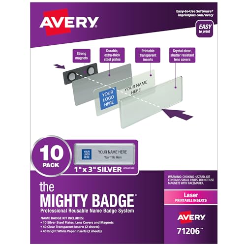 Avery® Reusable Magnetic Professional Name Badge System, 1" x 3" Silver Name Tags, 10 Identification Badges, 80 Laser Printable Inserts, Design Software Included (71206)