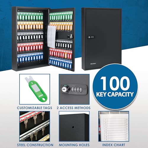 Barska 100 Position Combination Key Lock Box – Wall Mount Steel Key Cabinet with 4-Digit Lock, Numbered Hooks, Key Tags & Index Log for Office or Business - Key Cabinet Wall Mount Key Locker