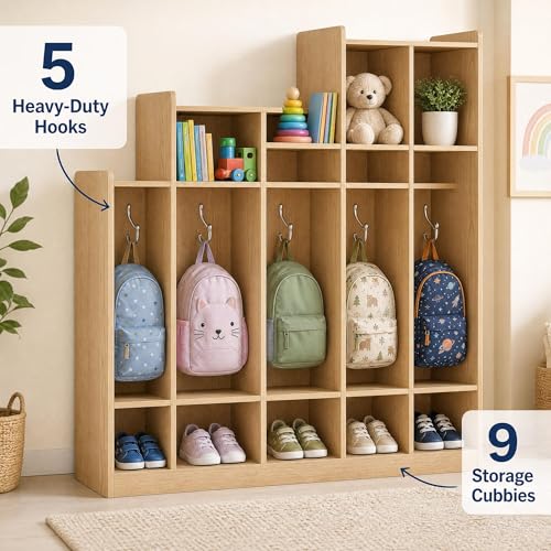 Naiveferry 5-Section Classroom Coat Locker with 9 Cubbies, Step-Down Kids Cubby Storage Organizer with 10 Metal Hooks, Daycare Preschool Mudroom Lockers for School Entryway Nursery, Light Oak