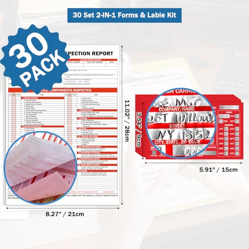PUNCHMAN 30 Pack Annual Fleet Inspection Report Form & Red Aluminum Label, 3-Ply Carbonless Motor Vehicle Records, Permanent Punch Box Decals for Heavy Truck Trailer Maintenance
