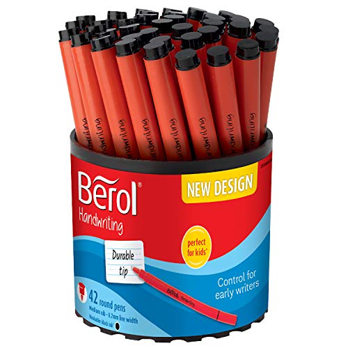 Berol Handwriting Pens, Round Shape, Washable Black Ink, Bright Barrels, Tub of 42