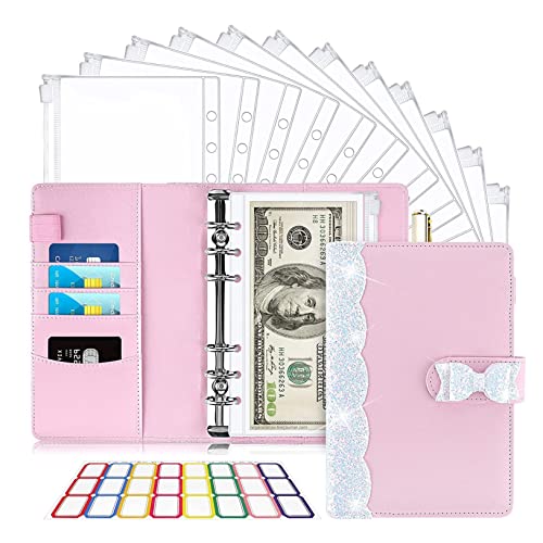 QERTYHKK 14Pcs A6 PU Leather Notebook Refillable Money Saving Binder Organizer, with Cash Envelopes for Budgeting,Self-Adhesive Labels