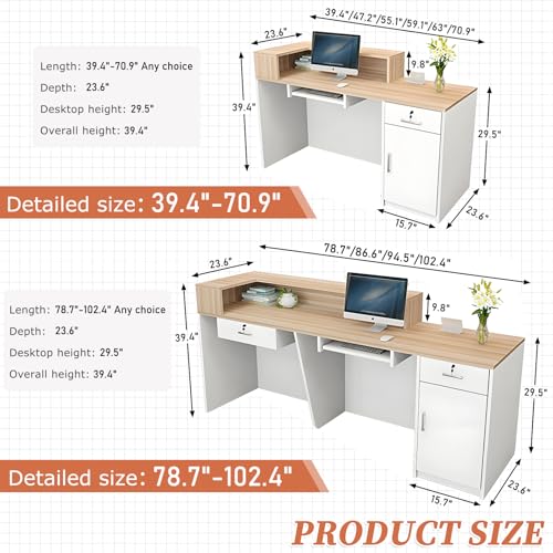 LSZMXI Modern Reception Desk with Drawer & Open Shelves, 39-95 Inch Front Counter Table, Computer Workstation Suitable for Salons, Offices, Lobbies, Retail Stores and Home Offices