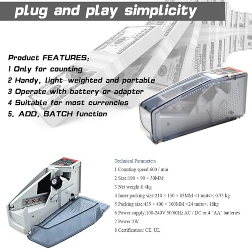 Acivirdde Mini Handheld Money Counting Machine, Portable Bill Cash Money Register Currency Counter Counting Machine,Batch Modes, LED Display