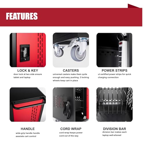 VOOTOLOVER 16-Bay Charging Cart for Chromebook/Tablet, Red + Black