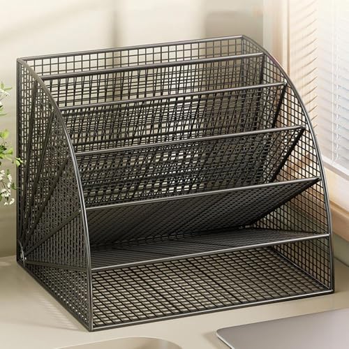 File Organizer Fan-Shaped 6 Compartment Desktop Mesh in Tray Office Desk Tidy A4 File Holder Desk(White)