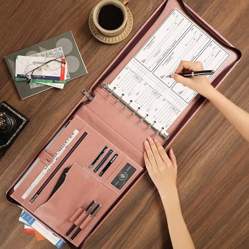 DUKE&COW Vegan Leather Business Checkbook Binder - 7 Ring Check Binder Zippered Business Check Binder with Check Book Holder for 3 Per Page 600 Checks Capacity for 9 x 13 inch Sheets, Pink - Custom