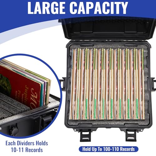 Stackable Vinyl Record Storage Case Box Holds 110 Records | High-Density Protective Foam | Hard Shell Storage Crate with Lid & Handles | Valuable LP Albums Organizer Cases Collection 7/10/12 Inch