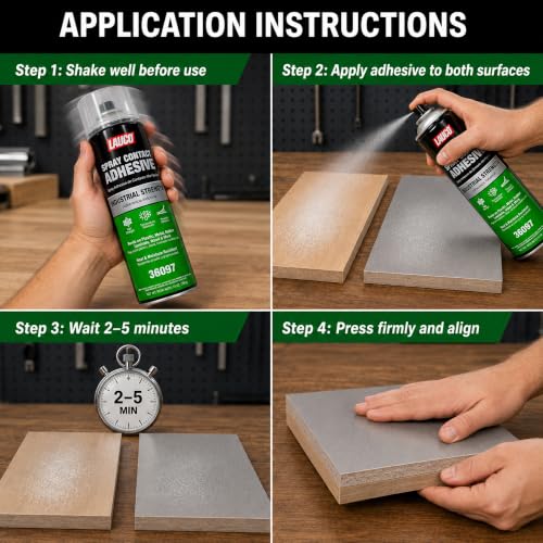 LAUCO Spray Adhesive Contact 13oz, Pack of 6, Industrial Strength Heavy Duty Glue for Wood, Metal, Plastic & Rubber, Heat & Moisture Resistant Fast Bond Multi-Surface Spray Adhesive 36097