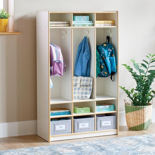 Guidecraft EdQ 3-Section Wooden Storage Locker for Classroom, Kids White Cubby Organizer with Shelves and Hooks for Coats
