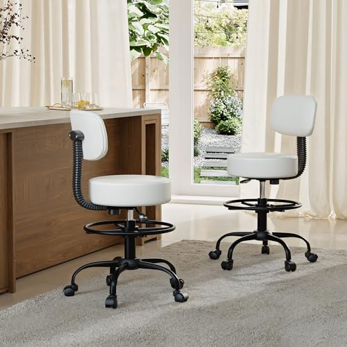 Anunweldo Drafting Chair with Back Support, Adjustable Foot Rest Rolling Stool, 360° Swivel Office Desk Chair with Wheels, Thick Seat Cushion for Home Bar Salon Tattoo Shop (2, White)