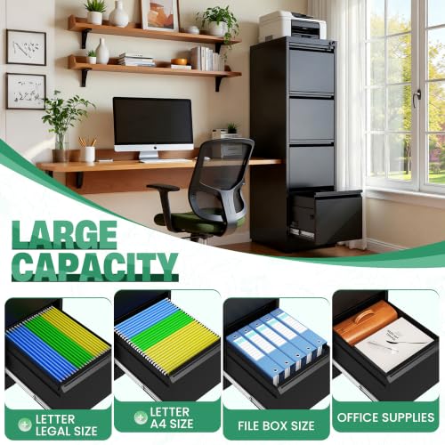 VIYET File Cabinet 4 Drawer with Lock, Vertical Filing Cabinets for Home Office, Metal Steel Storage Cabinet for Letter/Legal Size File, Assembly Required(Black)