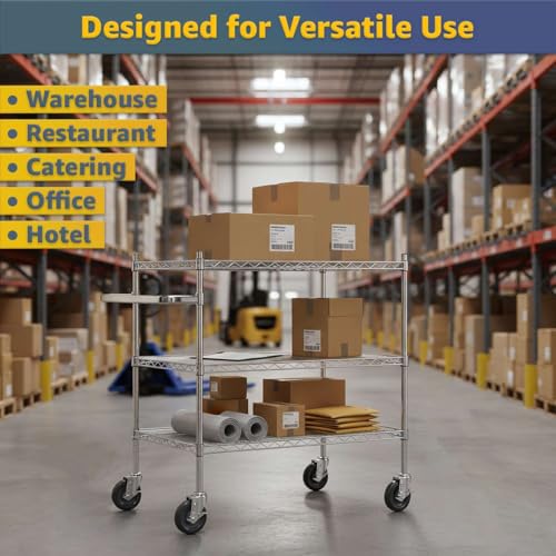 24" x 41 3/4" x 39" Commercial NSF Chrome 3 Shelf Wire Utility Cart with U-Shaped Handle - Heavy-Duty Serving Rolling Metal Cart, Mobile Storage Cart for Warehouse, Office, Retail, Kitchen