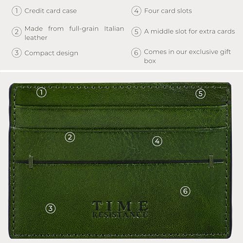 Time Resistance Credit Card Case - Leather Business Card Holder - Italian Handmade Card Organizer (Green)