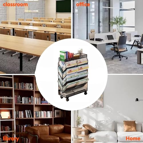 YHKJLYH 6 Tier Metal Rolling File Cart for Office Dorm Classroom Heavy Duty Book Cart with Wheels for Library and Living Room White