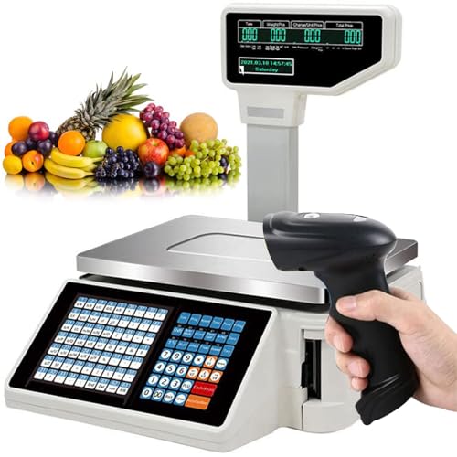 UMJIGF Digital Price Label Printing Scale, Electronic Weight Calculator Barcode Scales, Electronics Barcode Thermal Printer, for Supermarket/Retail Store,Machine+Cashbox,Machine+Scanner