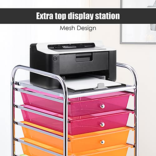 KOTEK 10-Drawer Rolling Storage Cart, Multipurpose Utility Cart Mobile Craft Cart w/Drawers & Wheels, Home Office School Tools Scrapbook Paper Organizer (Multicolor-Combo1)