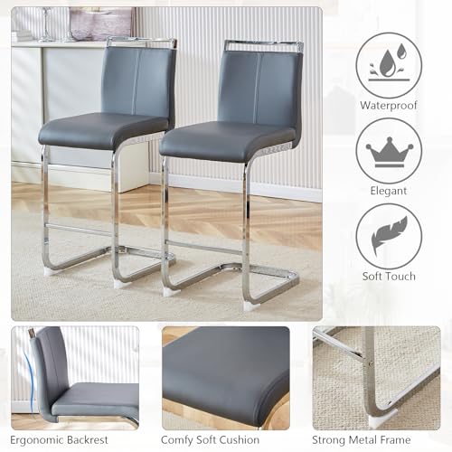 Sweiko 3-Piece Dining Table Set,Kitchen Glass Round Small Table with Modern PU Leather Chairs for Small Spaces（Silver Table + Dark Grey Chairs）