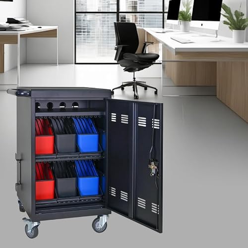 Fully Assembled 32 Bay Mobile Charging and Storage Cart for iPad,Chromebook and Laptop Computer with Keypad Lock,Up to 14-inch Screen Size,for Standard Laptop Cart & Classroom