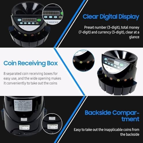Automatic Electronic Coin Counting Machine, Electronic Coin Counter,Portable Shops Coin Sorter,Coin Counter,with LED Display,for All Round Coins and Tokens(Black)
