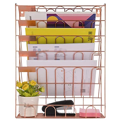 NSUQOA JSEIAJB Hanging File 6 Tier Wall Mount File Organizer Hanging Wall File for Office，School, Home, Rose Gold