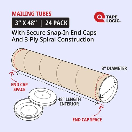 TAPE LOGIC Cardboard Tubes with Caps, 48"L x 3"W x 3"H, Pack of 24 | Poster Tube for Mailing and Storage of Blueprints, Artwork, Crafts, Long Art Holder, 48 inches