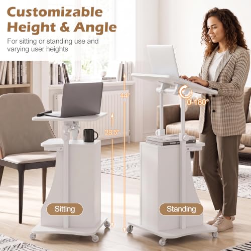 Tangkula Mobile Lectern Podium, Height Adjustable Podium Stand, Standing Sit-to-Stand Desk, Rolling Cart Laptop Desk with Swivel Top Movable Wheels & Storage