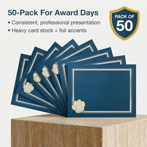 PaperDirect Paw Mascot Emblem Certificate Jackets, 9 Inches x 12 Inches Folded, Blue with Gold Foil, Certificate Cover for School, Work, Diplomas, Graduation & Awards, Certificate Holder, 50 Count