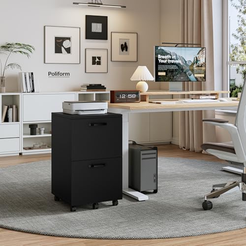 DUMOS 2 Drawer Rolling File Cabinet, Small Wood Filing Cabinet, Black