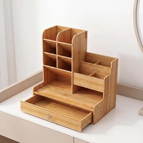 GHCUHJ Natural Bamboo Desk Organizer, Multi-Compartment Storage Caddy with Drawer, Desktop Organizer for Office Supplies, Makeup, Stationery, Home & Office Use