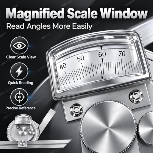 Universal Bevel Protractor, Universal Bevel Protractor with 5 Arc-Minute Scale, Magnifying Lens, Fine Adjustment and 150/200/300mm Rulers for Internal External Angle Measurement