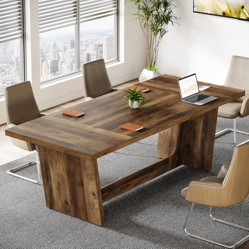 Tribesigns 6 FT Conference Room Table, 71”Large Executive Seminar Desk for 6–8 People, Rectangular Meeting for Office, Heavy-Duty Business Boardroom with Wooden Pedestal Base, Dark Brown