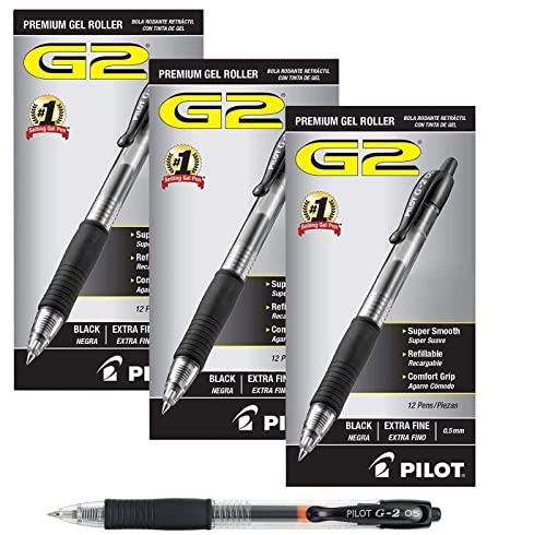Pilot G2 Retractable Premium Gel Ink Roller Ball Pens Extra Fine (.5) 3 Dozen Black; Retractable, Refillable & Premium Comfort Grip; Smooth Lines to the End of Page, America’s #1 Selling Pen Brand