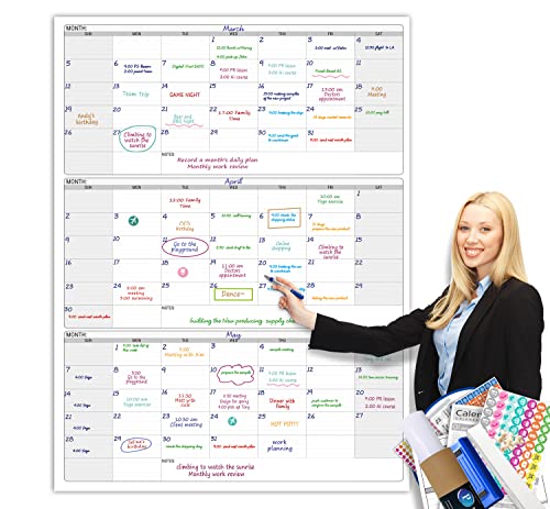 Large Calendar whiteboard for wall, Dry Erase 3 Month Calendar 46 x 63In
