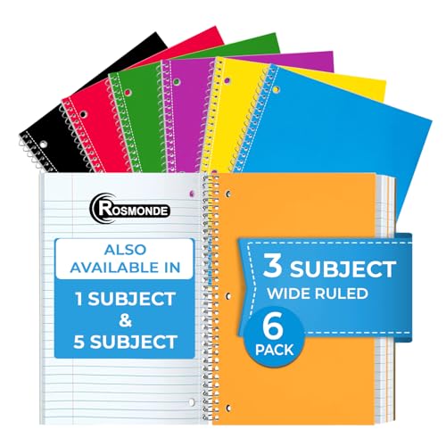 Rosmonde 3 Subject Notebook, 6 Pack, Spiral Notebook Wide Ruled, 150 Sheets