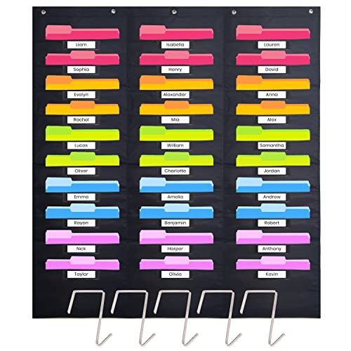 Hippo Creation Heavy Duty Storage Pocket Chart for Classroom, 30 Pocket Storage Organizer with 5 Over-Door Hangers, Hanging Wall Organizer for File Folders, School Mailbox, Home Office Papers - Black
