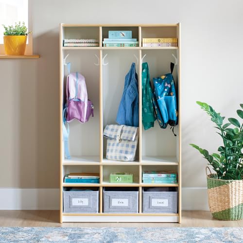 Guidecraft EdQ 3-Section Wooden Storage Locker for Classroom, Kids White Cubby Organizer with Shelves and Hooks for Coats