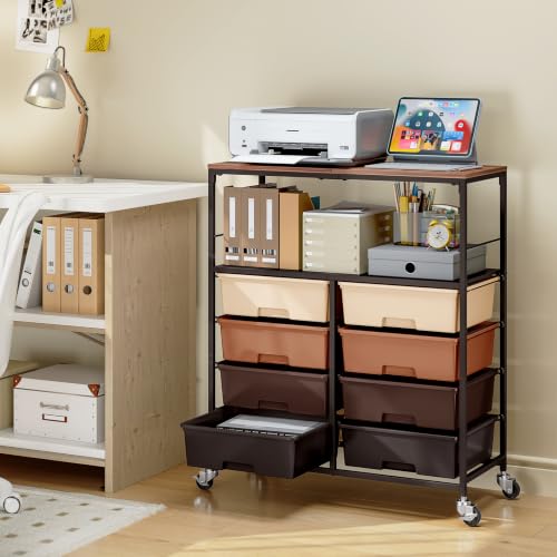 APEXCHASER Rolling Storage Cart with 8 Large Drawers, Wooden Tabletop
