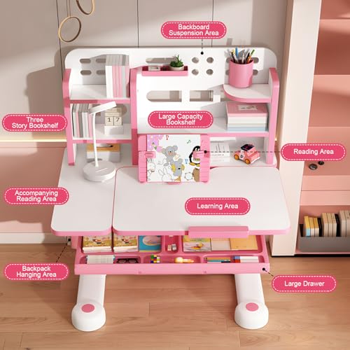 Kid's Study Desk and Chair Set, Height Adjustable Children's Desk with 50-Degree Tiltable Desktop, Bookshelf & Storage Drawer, Ergonomic Study Table Set for Bedroom (Pink)