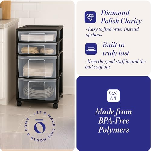 HOMZ Drawer Tower, 4-Tier Storage Cart with Removable Wheels, Black Frame