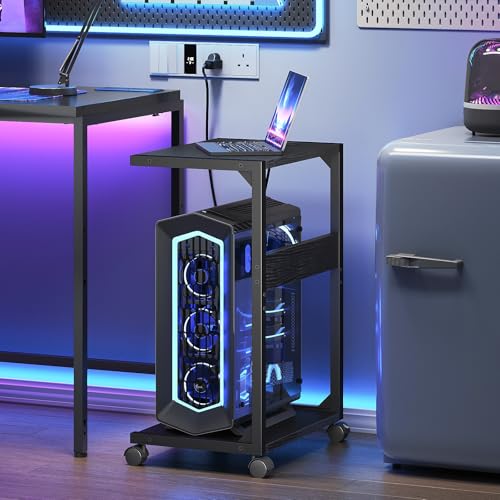 HOOBRO Computer Tower Stand, PC Stand with Charging Station, 2-Tier Under Desk CPU Holder with Lockable Wheels, PC Floor Cart Fits Most Computer Towers, for Home Office, Black BB01UCJ01G1