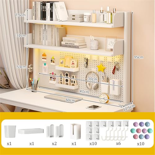 WSNCXFW White Clamp on Desk Organizer Shelf with Pegboard, Desktop Bookshelf Storage Shelves Multipurpose Countertop Hutch Bookshelf, for Home Office Dorm Gaming Desk,60cm/23.6in