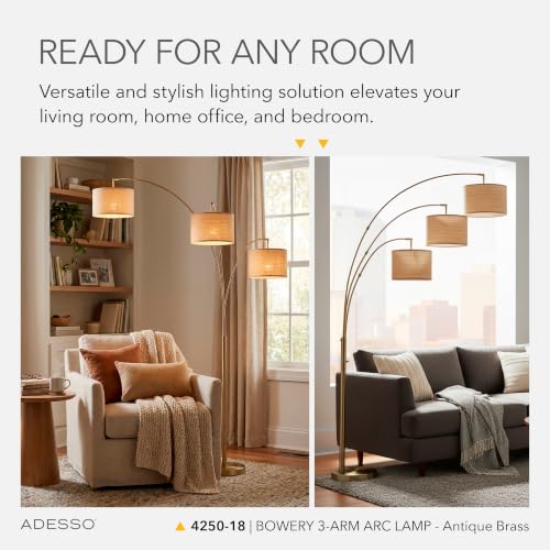 Adesso 3-Light Floor Lamp, Antique Brass & Natural, 4-Way, 82”