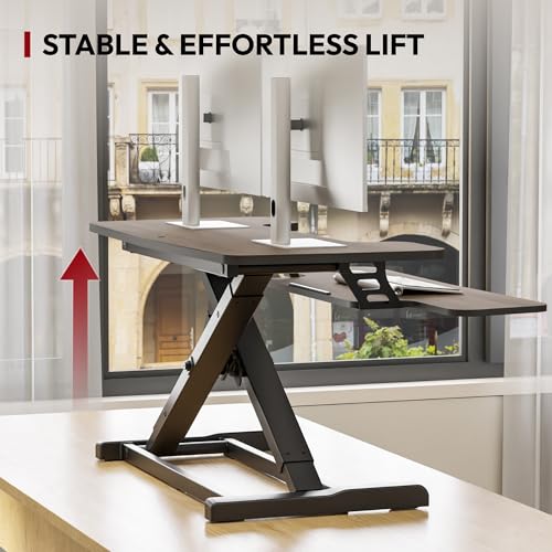 SANODESK 42" Standing Desk Converter, Large Sit-Stand Riser for Dual Monitors & Laptop, Stable Multi-Device Workstation with Keyboard Tray, Home Office Desktop Converter, Walnut