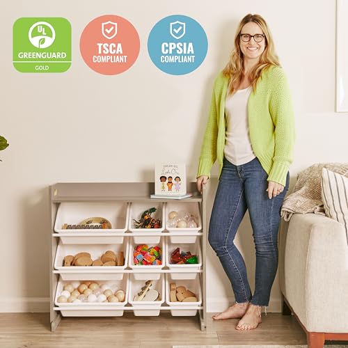 ECR4Kids 3-Tier Organizer with Shelf and 9 Removable Plastic Bins, 3x3, Toy Storage, Grey/White