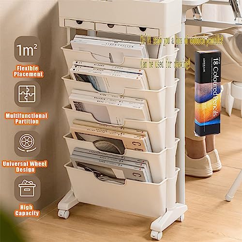 SXHEYUY 6 Tier Book Rack Storage Bookshelf, Movable Unique Bookcase, Book Shelf Tall Narrow with Colored Pencils for Bedroom Office Children Students in Bedroom Living Room,White,with Drawers
