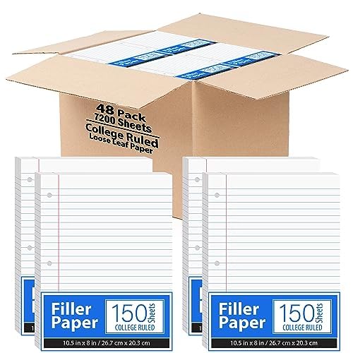 Loose Leaf Paper College Ruled Notebook Paper College Ruled Lined Writing Filler Paper 10.5” x 8” 7200 Sheets 200 Sheets Per Pack 60 gsm (36 Pack)