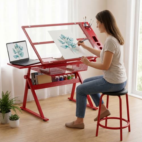 SRECELL Adjustable Drafting Table with Chair, Tempered Glass Art Desk with 0-75° Tilt Desktop, 2 Metal Drawers and Side Storage Rack for Drawing, Painting, Crafting and Design
